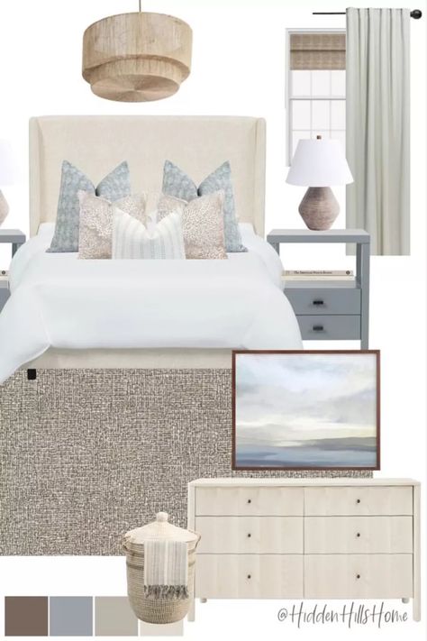 Decor Mood Board, Mood Board Bedroom, Grey Upholstered Bed, Costal Bedroom, Bedroom Mood Board, Modern Coastal Bedroom, Beach House Bedroom, Coastal Bedroom Decorating, Transitional Bedroom