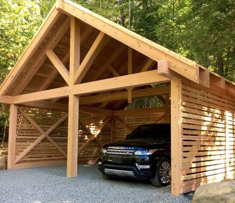 COLIN AND JUSTIN'S SEASON 2 CABIN PRESSURE COTTAGE IS ON THE MARKET (10 Comments) — the MASH Carport With Wood Slats, Wooden Carport Ideas, Diy Wood Carport, Cedar Carport Ideas, Cedar Carport, Carport Pavilion, Cedar Projects, Wooden Garages, Wooden Carports