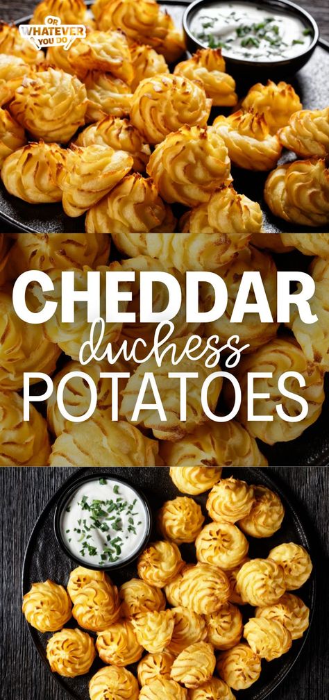 Cheddar Duchess Potatoes - fancy, flavorful, and delicious side dish! Dutchess Potatoes, French Mashed Potatoes, Mash Potato Dishes, Duchess Potatoes, Lithuanian Recipes, Trinidad Recipes, Food Game, Frozen Potatoes, Potato Recipes Side Dishes