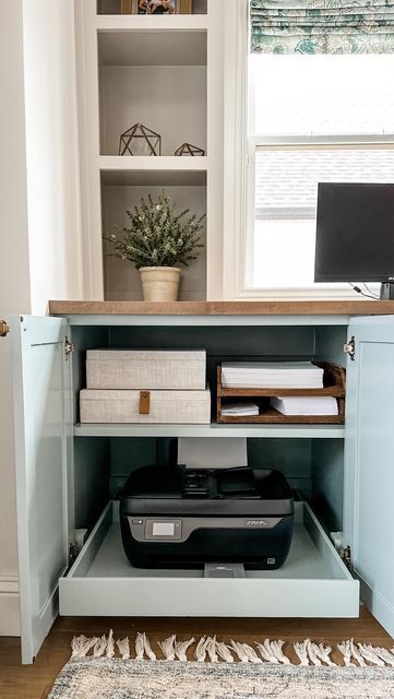 Functional Office Organization, Cabinet For Printer, Home Office Filing Cabinet Work, Printer Drawer Ideas Home Office, Pull Out Printer Cabinet, Printer Cabinet Pull Out, Hide Printer In Cabinet, Home Office Cabinets Built Ins Living Room, Hidden Kitchen Office