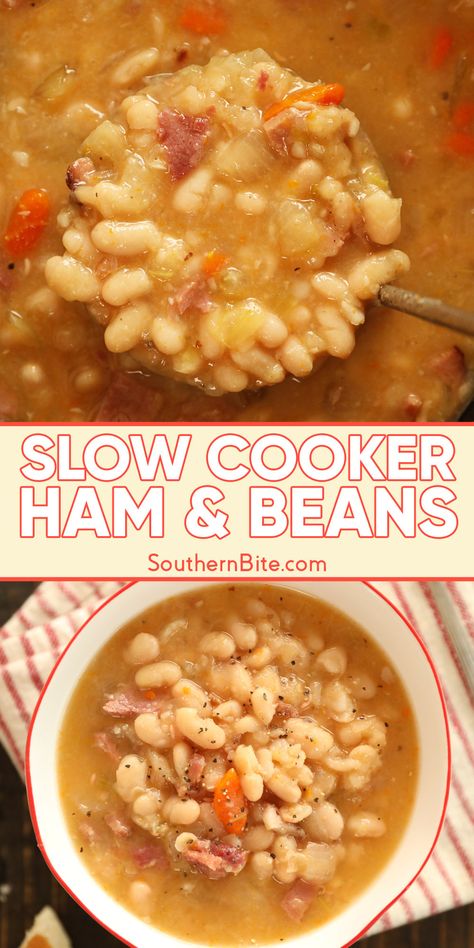 Slow Cooker Ham and Beans Slow Cooker Bean Soup, Bean Soup Crockpot, Ham Bean Soup, Crockpot Ham And Beans, Large Family Table, Ham And Bean, Slow Cooker Beans, Slow Cooker Ham, Homemade Soup Recipe