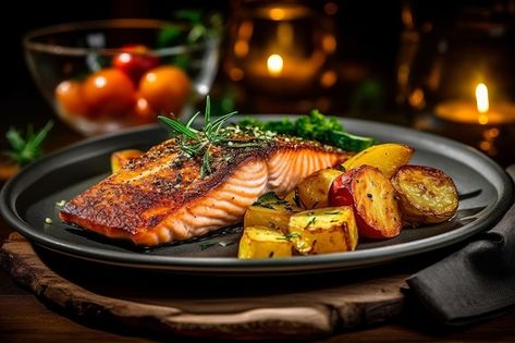 Fried salmon steak with potatoes and veg... | Premium Photo #Freepik #photo #salmon #fish-dish #grilled-fish #food-background Grilled Fish Photography, Potato Photography, Steak With Potatoes, Fish Food Photography, Fish Steak, Potatoes And Vegetables, Sauteed Potatoes, Food Reference, Roast Fish