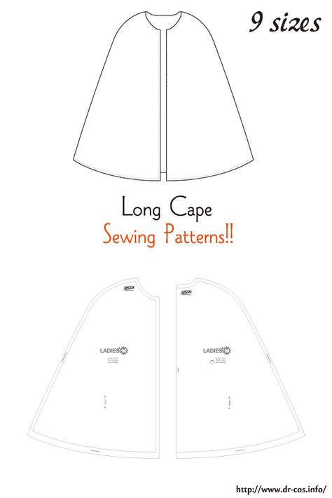 This is the pattern of a Long Cape. inch size(letter size) Children's-4,8,10/Ladies'-S,M,L,LL/Men's-L,LL   cm size(A4 size) Children's-100,120,140/Ladies'-S,M,L,LL/Men's-L,LL Cape Cloak Pattern, Long Cape Pattern, Doll Cape Pattern Free, Circle Cape Pattern, Doll Cape Pattern, Free Cape Pattern, Cloak Pattern Free, Cloak Sewing Pattern, Cape Pattern Free