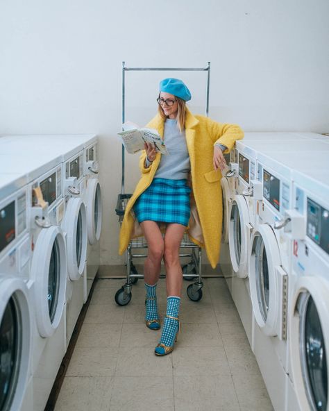 Blue Socks Outfit, Light Blue Color Combinations Outfit, Yellow Blue Outfit, Yellow And Blue Outfits, Light Blue Skirt Outfit, Blue And Yellow Outfit, Yellow Coat Outfit, Blue Skirt Outfits, Beret Outfit