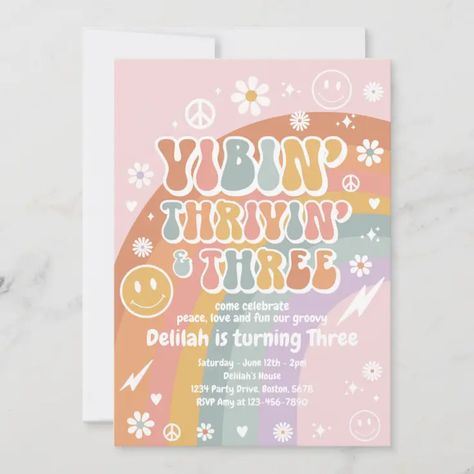 3rd Birthday Party For Girls, Flower Power Party, Festival Birthday Party, Third Birthday Girl, Hippie Birthday Party, 10th Birthday Invitation, Groovy Rainbow, Hippie Birthday, Rainbow Birthday Invitations