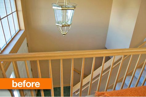 Be-foyer and After: An Entryway Makeover Split Foyer Entry, Split Level Entry, Honey Oak Trim, Split Entry Remodel, Split Level Entryway, Stairs Makeover Design, Bi Level Homes, Split Foyer, Entryway Makeover