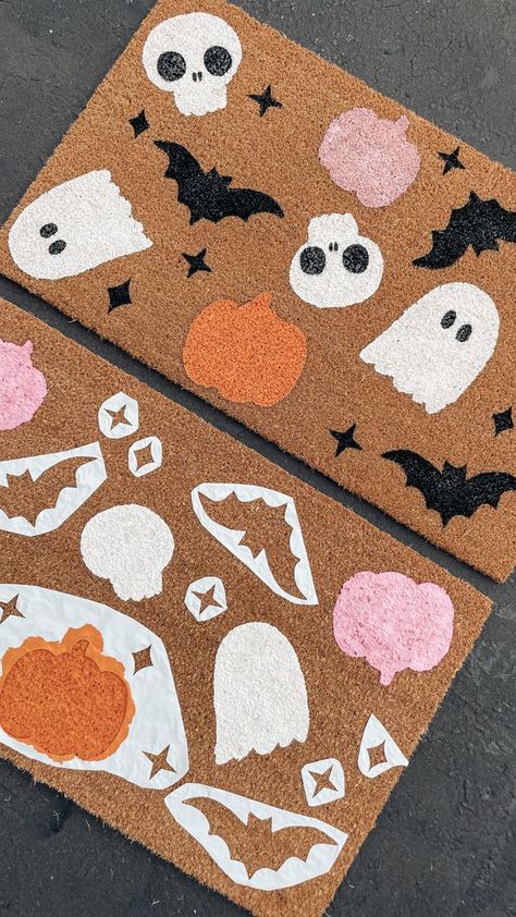 Halloween Doormat Stencils, Halloween Door Mat Stencil, Spooky Mats, Spooky Craft, Halloween Mats, Girls Night Crafts, Halloween Cricut, Mat Ideas, Door Mat Diy