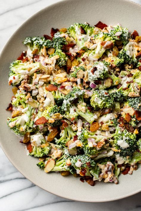 This is the most delicious creamy cold broccoli salad with bacon! It's classic and irresistible. Perfect for potlucks or other gatherings. It's perfect for any holiday/occasion. Cold Broccoli Salad, Salt And Lavender, Broccoli Salad With Raisins, Easy Broccoli Salad, Cold Salad Recipes, Broccoli Salad Bacon, Lavender Recipes, Bacon Potato Salad, Easy Potato Salad