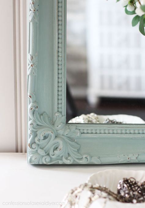 Thrifted Mirror Makeover, Vintage Mirror Painting, Thrifted Mirror, Thrift Store Picture Frames Makeover, Old Mirror Makeover, Distressed Mirror Frame, Shabby Chic Painted Mirrors, Vintage Mirror Wall Decor, Chalk Paint Mirror