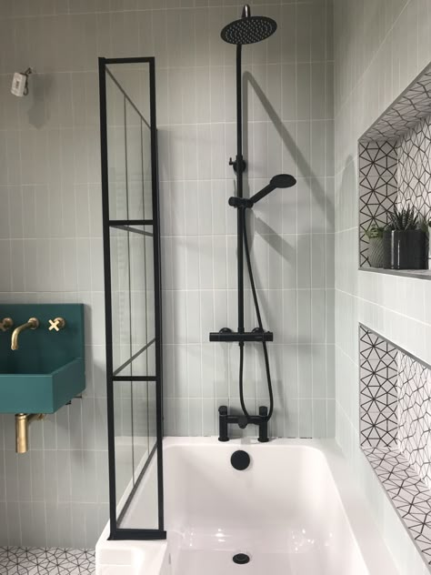 Shower Above Bath, Over Bath Shower Ideas, Shower Over Bath Ideas, Bathroom Title, Shower Bath Combo, Bathroom Tile Design Ideas, Scandi Bathroom, 1930s House Renovation, Bathroom Redecorating