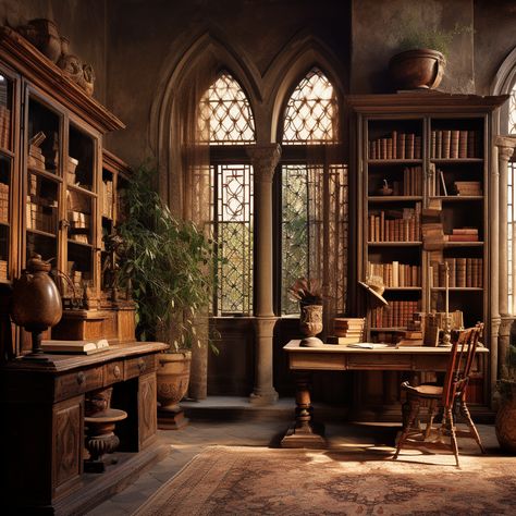 Castle Study Aesthetic, Medieval Office Room, Celtic Castle Interior, Antique Library Aesthetic, Medieval Study Room, Fantasy Study Room, Chateau Library, Medieval Office, Wizard Study