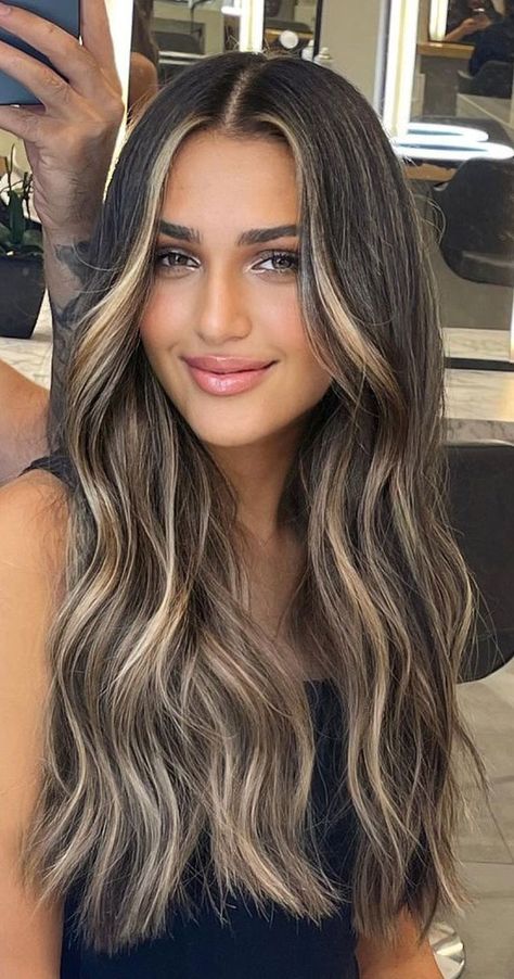 Dark Brown W Blonde Highlights, Highlight In Dark Brown Hair, Dark Brunette With Balayage, Hair For Dark Features, Blonde Highlights With Dark Brown Hair, Dark Hair With Blonde Highlights Long, Balayage Hair Dark Brown To Blonde, High Contrast Brunette Balayage, Dark Rooted Balayage