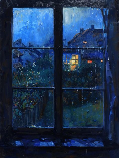 Nostalgic Painting Ideas, Stormy Night Painting, Rainy Illustration Art, Window Reflection Painting, Rainy Window Painting, Night Aesthetic Art, Rain Oil Painting, Paint Rain, Rain Home