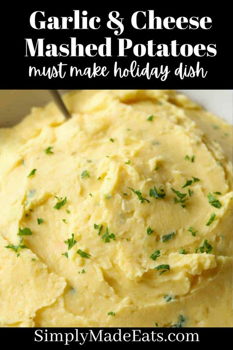 Garlic cheese mashed potatoes with parsley on top. Twiced Baked Mashed Potatoes, Garlic Cheese Mashed Potatoes, Golden Mashed Potatoes, Cheesy Garlic Mashed Potatoes, Christmas Side Dish, Baked Mashed Potatoes, Roasted Garlic Mashed Potatoes, Cheese Mashed Potatoes, Easy Holiday Treats