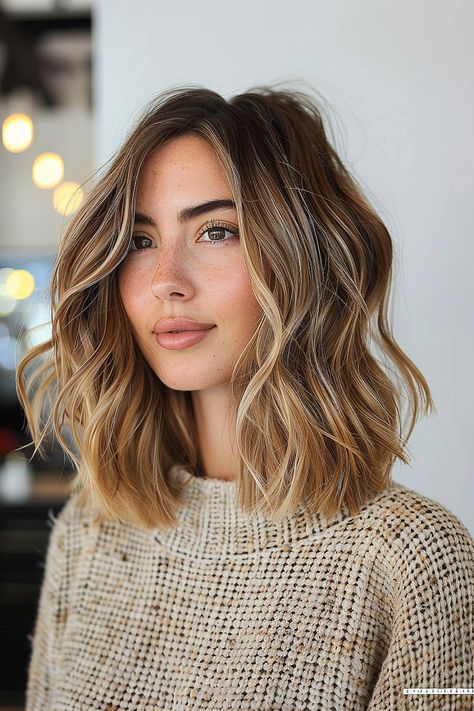 A classic lob haircut enhanced with soft waves and balayage highlights for a beach-inspired look. Lob With Soft Layers, Long Bob Light Brown Hair, Classic Lob Haircut, Lob For Thick Hair, Classic Long Bob, Bobs For Thick Hair, Long Choppy Bob, Long Bob With Layers, Wavy Long Bob