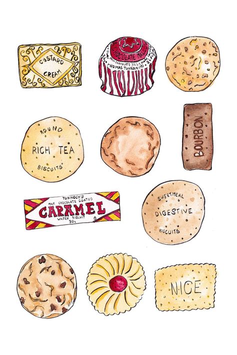 Great British Bake Off Drawings, The Great British Bake Off Illustrations, British Tea Biscuits, Cookie Illustration Design, Biscuit Tattoo, Biscuit Drawing, Biscuits Illustration, Watercolour Cookies, Biscuit Illustration