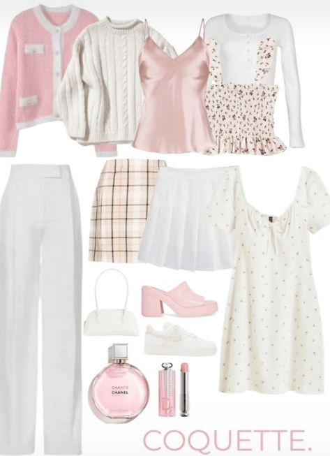 Girly Capsule Wardrobe, Coquette Wardrobe Essentials, Capsule Wardrobe Romantic, Coquette Capsule Wardrobe, Coquette Office Outfit, Coquette Outfit School, Coquette Outfits For School, Coquette Wardrobe, Pink Capsule Wardrobe