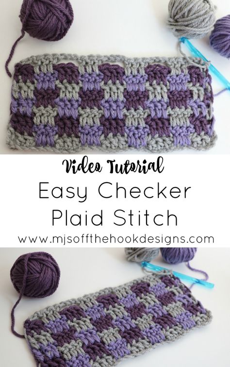 Easy Checker Plaid Stitch - MJ's off the Hook Designs #learntocrochet #crochetplaid #plaidstitch #checkerstitch #crochetstitches #beginnercrochet #freecrochet #crochet Plaid Stitch Crochet, Checker Board Crochet Pattern, Crochet Plaid Stitch, Harlequin Stitch Crochet Pattern, Interlocking Block Stitch Crochet, Checker Crochet Blanket, Crochet Checkered Pattern, Crochet Checkered Blanket, Checkered Crochet Blanket