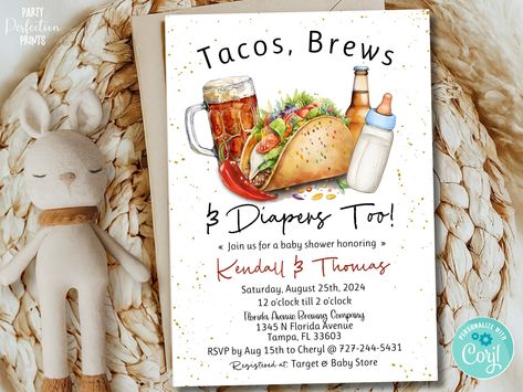 Editable Tacos Brews & Diapers Baby Shower Invitation. Brewery Summer Coed Gender Neutral Baby Shower Cards. Instant Download. TBD1011BS by partyperfectionprint on Etsy Co Ed Baby Shower Themes, Coed Baby Shower Ideas, Unique Baby Shower Themes, Shower Cards, Coed Baby Shower, Favors Sign, Printable Baby Shower Invitations, Shower Themes, Baby Shower Diapers