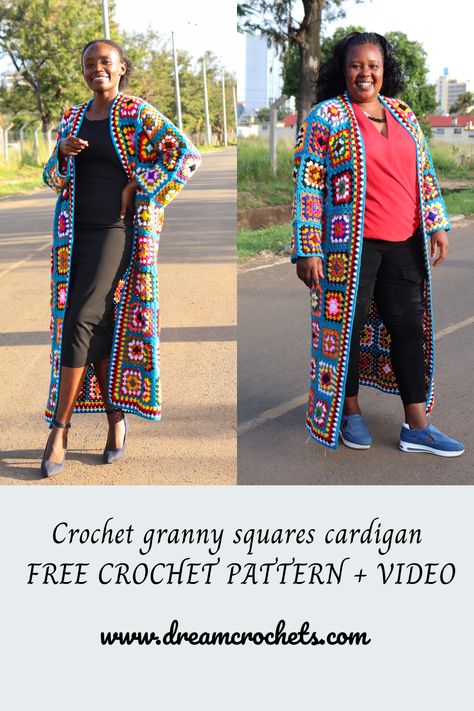 Crochet Granny Square Cardigan. Fun & Easy Pattern. - Dreamcrochets Granny Square Car Coat, Granny Square Long Cardigan Pattern Free, Crochet Long Cardigan Pattern Free Easy, Granys Squares Cardigan, Granny Square Duster Free Pattern, Crochet Granny Square Jacket Pattern, Granny Square Clothing Patterns Free, Crochet Granny Square Cardigan Pattern Free Easy Simple, Granny Square Cardigan Pattern Free Crochet Jacket