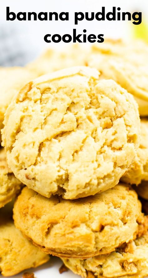 Banana Pudding Cookies are the perfect picnic dessert! Made with instant pudding, vanilla wafers, and more to make these delicious treats! Banana Cream Pudding Cake Mix Cookies, Things To Make With Instant Pudding, Easy Banana Pudding Cookies, Recipes With Banana Pudding, Cake Mix Banana Pudding Cookies, Recipes That Use Vanilla Pudding, Cakes Made With Pudding, Homemade Banana Pudding Cookies, Banana Pudding Mix Recipes