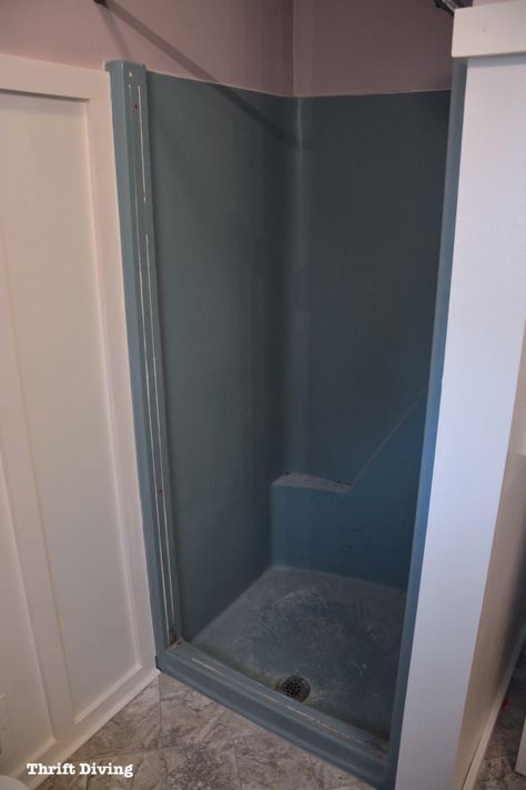 Shower-and-tub-refinishing-how-to-paint-a-shower-tub - Thrift Diving Blog - 8724 Diy Bathtub Tile, Shower Makeover Diy, Fiberglass Shower Stalls, Fiberglass Shower Pan, Tub Refinishing, Shower Makeover, Tile Refinishing, Tub Remodel, Diy Bathtub