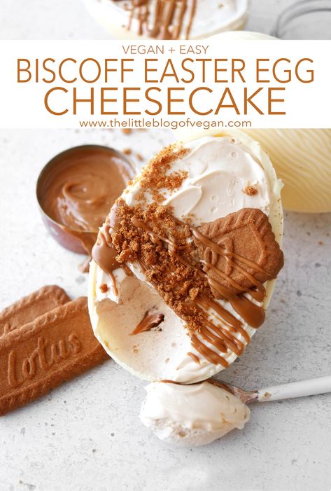 Biscoff Easter egg Cheesecake - The Little Blog Of Vegan Easter Egg Cheesecake, Easter Egg Dessert, Vegan Easter Recipes, Easter Egg Filling, Biscoff Recipes, Easter Party Food, Biscoff Cheesecake, Vegan Easter, Biscoff Spread