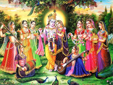 Radha and Krishna surrounded by 8 favorite Gopis Krishna Hindu, Krishna Flute, Radha Painting, Shree Krishna Wallpapers, Shree Radhe, Krishna Wallpapers, Radha Krishna Wallpaper, Krishna Photo, Lord Krishna Wallpapers