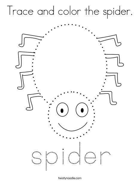 Trace and color the spider Coloring Page - Twisty Noodle Spider Writing Activity, Spider Worksheets Preschool, The Very Busy Spider Activities, Spider Activities For Preschool, Spider Theme Preschool, Spider Crafts Preschool, Spider Coloring Pages, Spiders Preschool, Nursery Rhymes Preschool Crafts