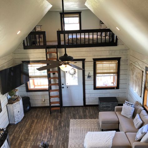 Our smaller loft in our 800sqft in our updated farmhouse style tiny home 16x20 Tiny House Floor Plans With Loft, Tiny House Interior Design Loft, Tiny Homes Aesthetic, Tiny House Chandelier, Tiny Home 16x40, Shed With Loft Interior, Tiny Home Designs Shed, Tiny House Modern Farmhouse, Mini Cabins Tiny Homes