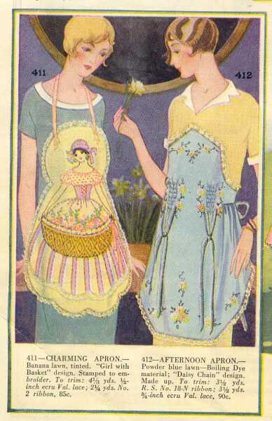 Would you ever cook in these aprons? Bucilla aprons ad. 1920s Apron, 1930s Apron, Aesthetic Apron, Vintage Apron Pattern, Apron Patterns, Pretty Apron, 1920s Women, Vintage Aprons, Vintage Apron