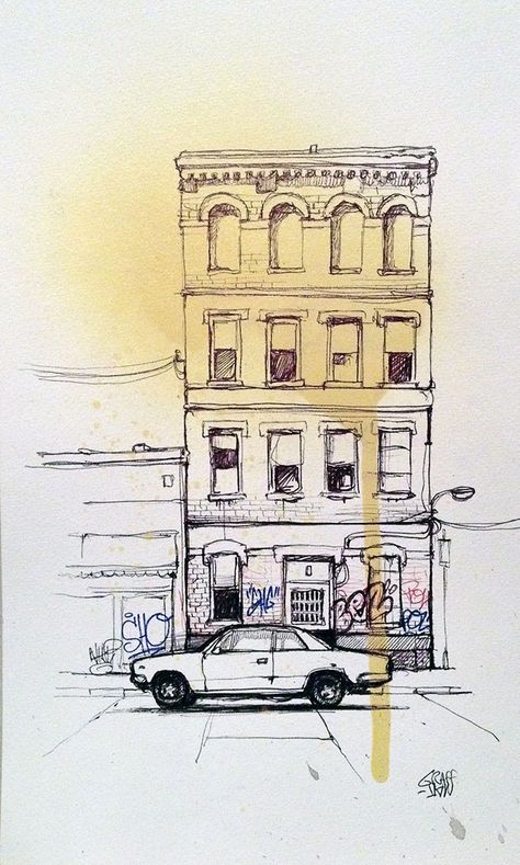 "Facade new-yorkaise" by GRAFFMATT #graffmatt #graffiti #newyork #avenue #house #building #urban #drawing #urbandrawing #urbanscene #cityscape #art #vehicule #nyc #street #draw #illustration Street Building Drawing, Street With Buildings Drawing, Urban Sketching Buildings, Building Drawing Simple City, How To Draw Street, Nyc Buildings Drawing, Building Facade Drawing, Nyc Drawing Sketches, Urban Topics Drawing