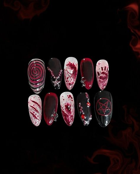 Who says gore nails are just for Halloween?🎃🩸 Meet Bloody Ritual—a set designed for those who embrace dark elegance all year long!💀 These medium-length almond nails (Size L) bring a fierce, edgy vibe to any season. Dare to stand out with a touch of blood and mystery? • • • • #BloodyRitual #GoreNails #PressOnNails #NailArt #custompresson #fyp #halloween #halloweennails #gore #november #poseamericaine #lesongles #fauxongles #custompressonnails #handpainted Blood Nail Designs, Scary Christmas Nails, Gory Nails, Gore Nails, Blood Drip Nails, Stained Nails, Gothic Nail Art, Blood Nails, Avada Kedavra