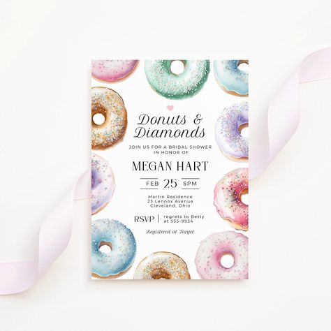 Donuts and Diamonds Invitation, editable template, bridal shower, engagement, bridal brunch, donut mind if I do, instant download, 5x7 Brunch Baby Sprinkle, Donuts And Diapers, Donut Invitation, Invitation Engagement, Winter Bridal Showers, Sprinkle Donut, Baby Shower Brunch, Bridal Shower Brunch, Engagement Invitations