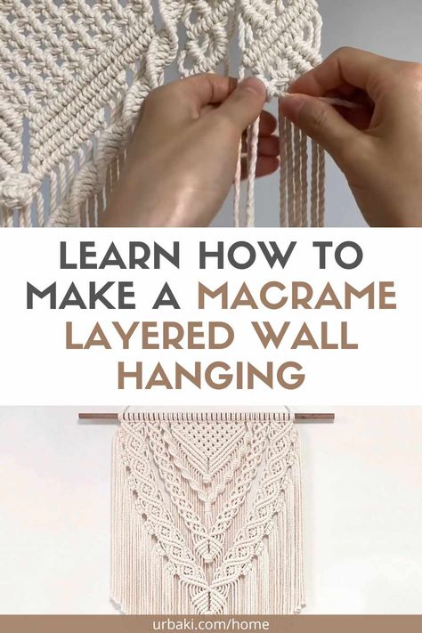 There is no doubt that macrame is an amazing technique with which you can create amazing pieces for your home decor! If you like the bohemian style you definitely need a macrame wall hanging like this one. Today you will learn how to make a beautiful layered macrame wall hanging using a basic knot and a spectacular diamond pattern. You can put this layered macrame wall hanging in your living room, bedroom, or any empty wall in your home to upgrade your boho decor game. In the video tutorial... Macrame Wall Hanging In Bedroom, Free Macrame Wall Hanging Pattern, Layered Macrame Wall Hanging Diy, Large Macrame Wall Hanging Pattern Free, Diy Large Macrame Wall Hanging Tutorial, Layered Macrame Wall Hanging Tutorial, Macrame Patterns Tutorials Wall Hangings, Boho Wall Hanging Diy, Boho Macrame Wall Hanging Tutorial