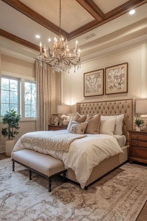 Bring a sense of timeless elegance to your bedroom with traditional design elements. Opt for classic furniture, like a four-poster bed or an ornate dresser, and rich, luxurious fabrics in neutral or deep jewel tones. Incorporate vintage accessories, textured curtains, and cozy, plush bedding to complete the look. 🛏🕯#TraditionalBedroom #ClassicStyle #TimelessDecor Cozy Bedroom Traditional, Traditional Home Interiors Bedroom, Four Poster Bed Bedroom Ideas, Bedroom For 30 Year Old Woman, Old Money Bedroom Decor, Old World Bedroom Ideas, White And Brown Bedroom Ideas, Vintage Guest Bedroom Ideas, Elegant Room Aesthetic