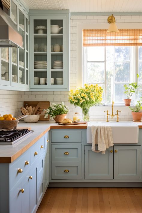 40+ Cozy Cottage Kitchen Ideas Light Blue Cottage Kitchen, Quartz Countertops Blue Cabinets, Grandmillennial Kitchen, Small Cottage Kitchen Ideas, Small Cottage Kitchens, Coastal Cottage Kitchen, Cheerful Kitchen, Cottage Kitchen Ideas, Timeless Kitchen Design