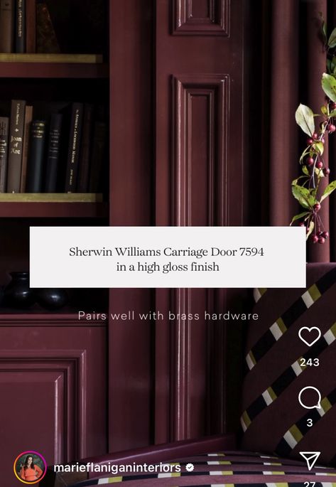 Plum Brandy Paint And Paper Library, Sherwin Williams Dark Academia Colors, Merlot Sherwin Williams, Carriage Door Sherwin Williams, Sherwin Williams Carriage Door, Dark Paint Hallway, Dark Clove Sherwin Williams, Wine Paint Colors, Burgundy Door