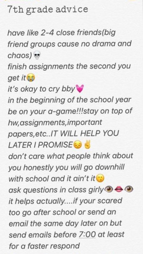 7th grade! comment any other grades u want ✌ /tags/ #7thgrade #tips #tipsfor7thgrade #7th #schooltips #tips #school 7th Grade Advice, 8th Grade Tips, 7th Grade Tips, School Goals, Big Friends, 12th Grade, Beginning Of The School Year, Grade 8, No Drama