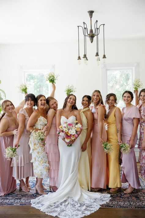 Garden Wedding Aesthetic Bridesmaids, Pink Yellow Blue Bridesmaids, Green Yellow Pink Bridesmaids, Light Pink Bridesmaid Dresses Colorful Flowers, Peach Wedding Theme Bridesmaid Dress, Pink Yellow Bridesmaid Dresses, Pastel Dresses Bridesmaid, Spring Groomsmen Attire Color Schemes, Pink And Yellow Bridesmaids