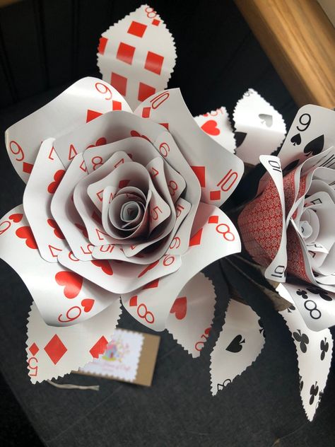 Playing Card Roses X2 Bottle Vase, Alice in Wonderland Themed Roses, Poker Night Decor, Casino Themed Party, - Etsy UK Cards Party Decorations, Deck Of Cards Themed Party, Playing Cards Decoration Party Ideas, Deck Of Card Crafts, Casino Theme Rehearsal Dinner, Gothic Alice In Wonderland Tea Party, Casino Prom Theme Decor, Casino Night Prom Theme, Playing Cards Decor