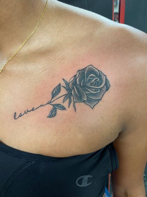 Tattoos That Say Love, Baddie Shoulder Tattoo Ideas Female, Rose Tattoo With Quote, Tattoos On Chest For Women, Tattoo With Quote, Rose Chest Tattoo, Rose Tattoo With Name, Woman Tattoos, Dark Skin Tattoo