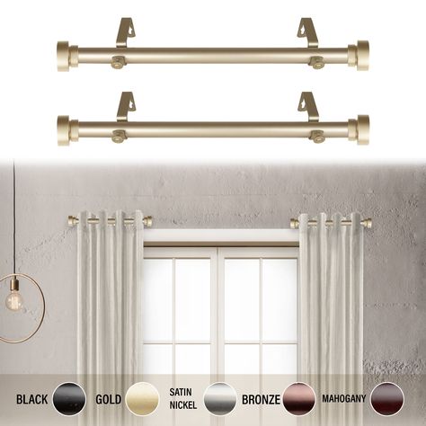 Free 2-day shipping. Buy 1" dia Side Curtain Rod 12-20 inch long (Set of 2) - Gold at Walmart.com Curtains With Shades, Large Window Treatments Living Rooms, Large Window Treatments, Short Curtain Rods, Small Curtain Rods, Gold Curtain Rods, Long Curtain Rods, Curtains Pictures, Short Curtain