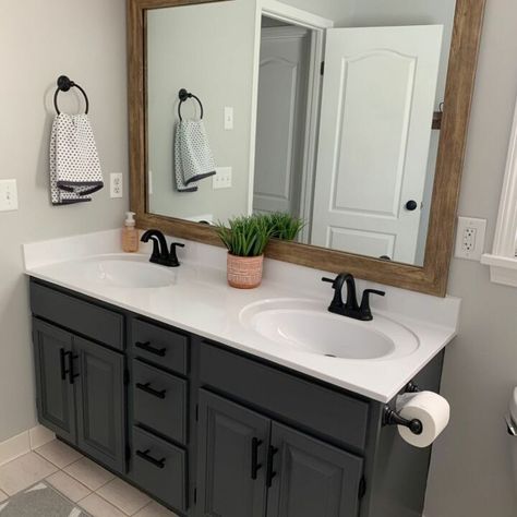 Black Chalk Paint Bathroom Vanity, Redone Bathroom Vanity, Black Vanity White Counter, Updated Builder Grade Bathroom, Best Black Paint For Bathroom Vanity, Dark Stain Bathroom Vanity, Bathroom Remodel Black Vanity, Iron Ore Bathroom Vanity, Bathroom Vanity Makeover Paint