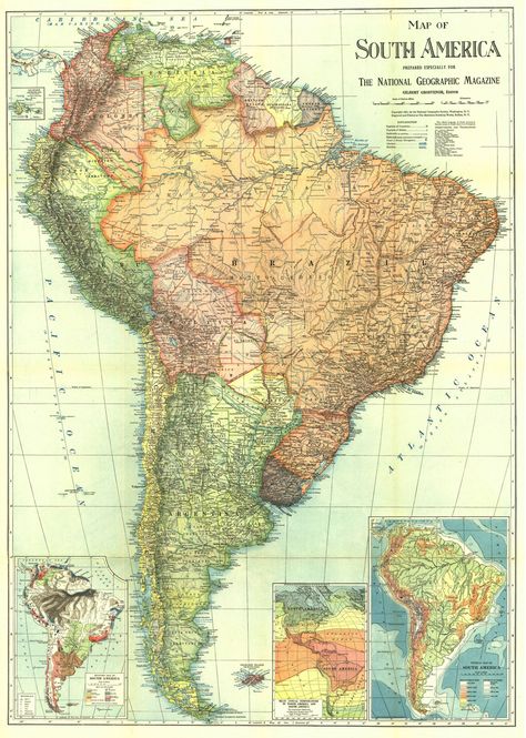 South America (1921) America Map Art, National Geographic Maps, Map Of Britain, South America Map, Education Poster Design, Travel Art Print, America Map, National Geographic Magazine, Travel South