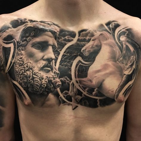 Hercules chest piece. #wearesorrymom Mythology Chest Tattoo, Chest Tattoo Realism, Tattoo Greek Mythology, Chest Tattoo Wolf, Hercules Tattoo, Greek God Tattoo, Full Chest Tattoos, Zeus Tattoo, Greek Mythology Tattoos