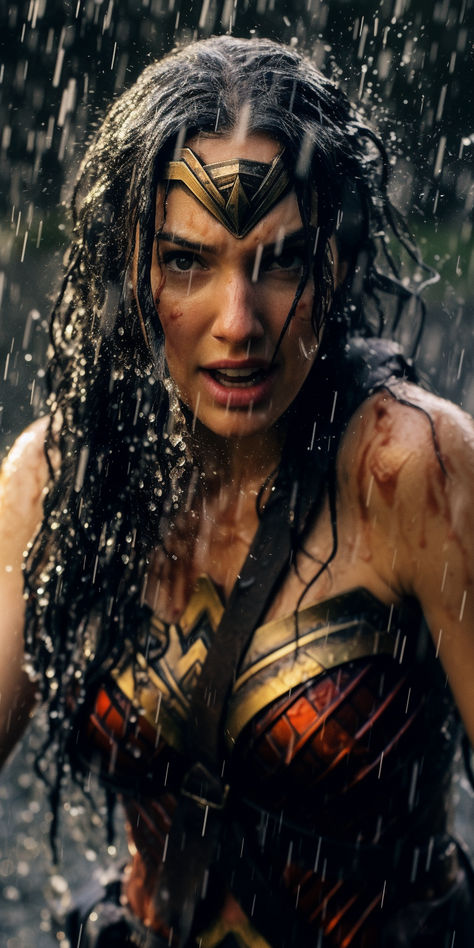 Gal Gadot as Wonder Woman, soaking wet, fighting, getting doused with water, completely soaked, wet black hair, glamorous brightly colored Wonder Woman Wet Black Hair, Wonder Woman Aesthetic, Wonder Woman Fan Art, Hero And Villain, Wonder Woman 2017, Cosplay League Of Legends, Power Corrupts, Wonder Woman Art, Gal Gadot Wonder Woman