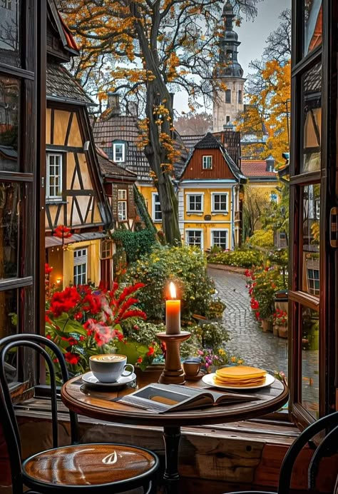 Cozy Cafe, Autumn Scenes, Beautiful Streets, Autumn Scenery, Window View, Fall Pictures, Through The Window, Halloween Home Decor, Halloween House