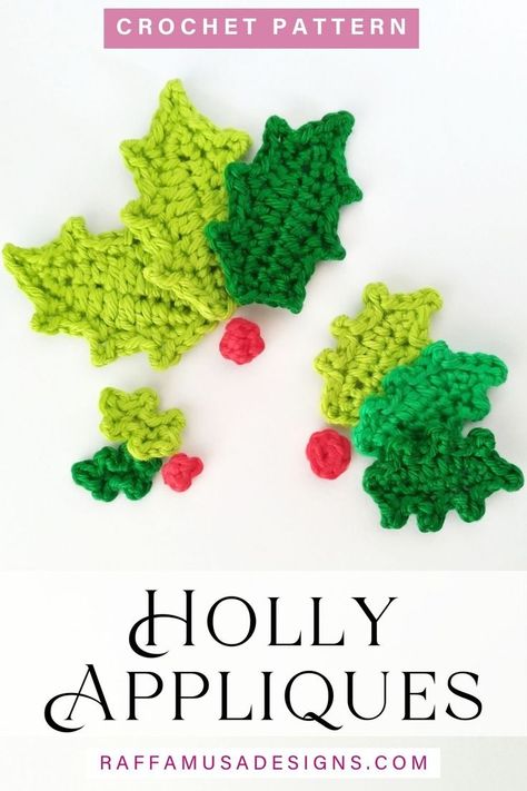 crochet holly leaves and berries appliques in three different sizes Crochet Holly, Christmas Applique Patterns, Crochet Applique Patterns Free, Crochet Embellishments, Holly And Berries, Crochet Leaf Patterns, Confection Au Crochet, Crochet Xmas, Crochet Sweater Pattern Free