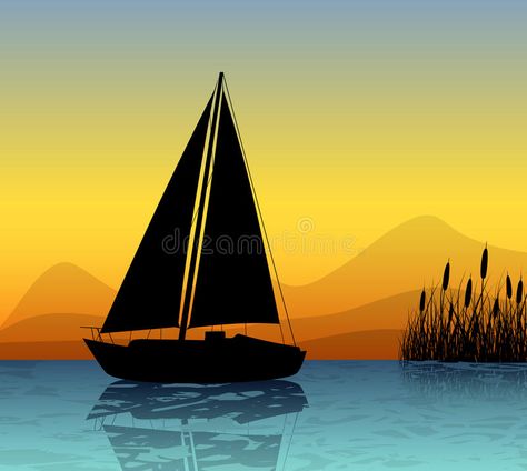 Boat Silhouette Painting, Sailing Boat Illustration, Sea Illustration Art, Lake Silhouette, Beach Projects, Boat Silhouette, Sunset Illustration, Barrel Ideas, Boat Vector